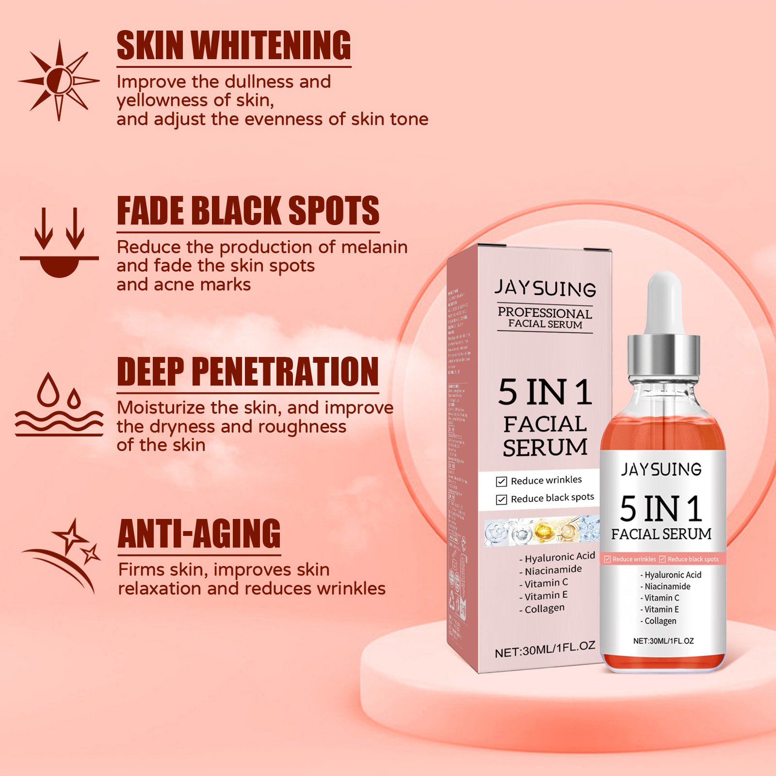 Jaysuing 5 in 1 Facial Essence Moisturizes Skin Tightens Fade Spots Acne Skin Beauty EssenceFacial EssenceNet content: 30ml  
 Product name: 5-in-1 Facial Essence  
 Keywords: Moisturize skin, anti-wrinkle, firming, fade spots  
 Gross weight: 48g  
 Ingredients: Hyaluronic Acid, Niacinamide, Vitamin C  
 Packaging size: 10.8*3*3cm  
 Product size: 10.5*2.8*2.8cm  
 Box size: 56*36*21.5cm  
 Packing quantity: 353 pieces  
 One box weight: 17.35kg  
 Shelf life: 3 years  
 Storage method: Please store in a cool and shaded placeFacial EssenceML Clinic  for Wellness