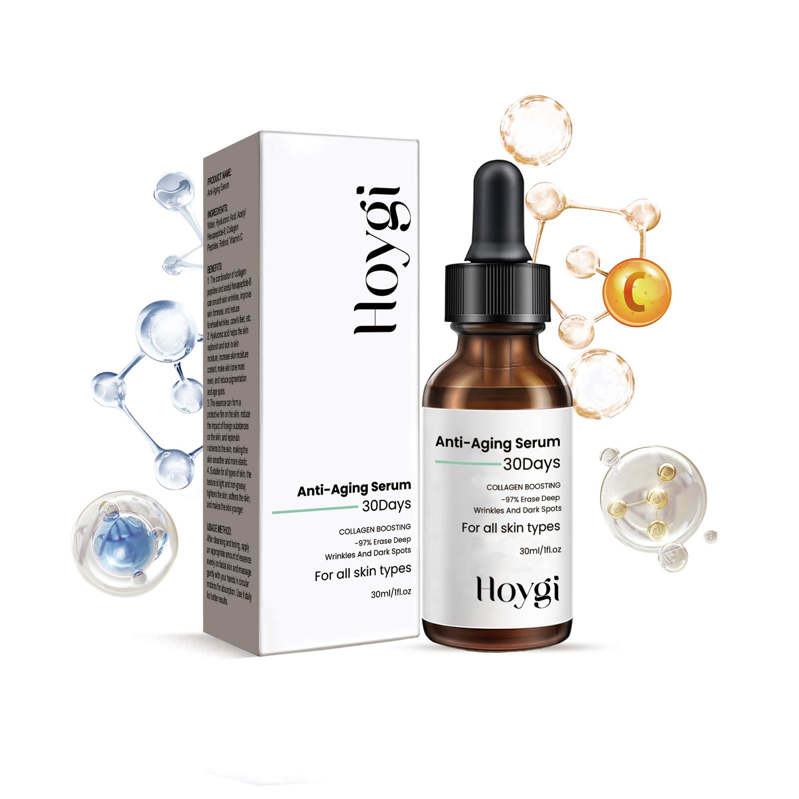 Hoygi Anti-Aging Essence Brightening Moisturizing Firming Anti-Aging EssenceAnti-Aging EssenceNet content: 30ml/box  
 Product name: Anti-aging Essence  
 Keywords: Reduce Fine Lines  
 Gross weight: 46g  
 Ingredients: Hyaluronic Acid, Acetyl Hexapeptide-8, Collagen Peptide  
 Packaging size: 10.5*3*3cm  
 Product size: 10.3*2.8cm  
 Box size: 56*36*21.5cm  
 Packing quantity: 352 pieces  
 Weight per box: 16.94kgAnti-Aging EssenceML Clinic  for Wellness