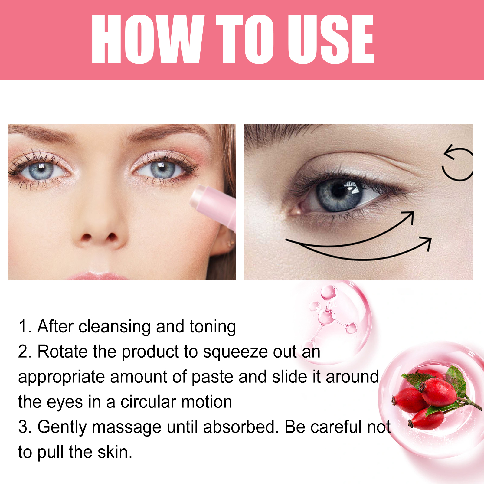 Rosehip Eye Cream Stick Delicate and Soft Moisturizing and Elastic Skin Eye Care Eye CreamEye CreamNet content: 3g  
 Product name: Rosehip Eye Cream Stick  
 Keywords: Reduce Fine Lines Around the Eyes  
 Gross weight: 15g  
 Ingredients: Mineral Oil, Glycerin Stearate, Carbomer  
 Packaging size: 7.5*1.9*1.9cm  
 Product size: 7.2*1.7cm  
 Box size: 56*36*21.5cm  
 Packing quantity: 450 pieces  
 Weight per box: 8.85kg  
 Shelf life: 3 years  
 Storage method: Please store in a cool and shaded placeEye CreamML Clinic  for Wellness