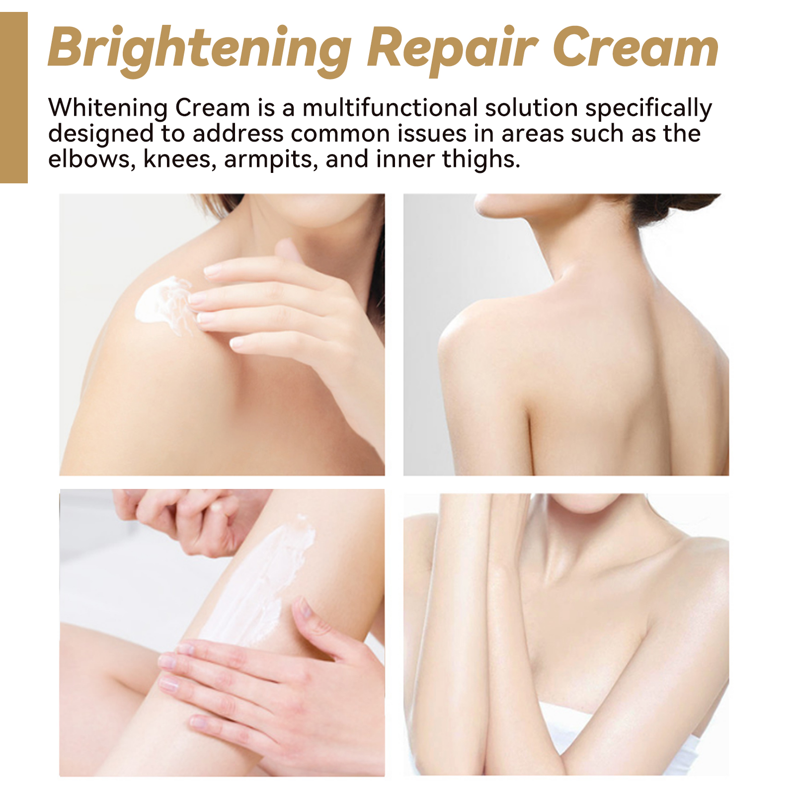 Body Whitening Cream Dark Spot Removal Whitening Hydrating Beauty CreamBody Whitening CreamNet content: 100g  
 Product name: Body Whitening Cream  
 Keywords: Brightening Skin Tone  
 Gross weight: 136g  
 Ingredients: Aloe Vera, Retinol, Niacinamide  
 Packaging size: 7.3*7.3*4.6cm  
 Product size: 7*4.3cm  
 Box size: 56*36*21.5cm  
 Packing quantity: 200 pieces  
 One box weight: 27.95kgBody Whitening CreamML Clinic  for Wellness