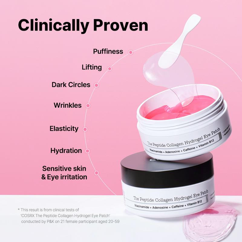 [COSRX Official] The Peptide Collagen Hydrogel Eye Patch (60 patches)| DEPUFFS UNDER-EYE BAGS IN JUST 10 MINUTESHydrogel Eye PatchBrand: COSRX  
 Contains Batteries Or Cells?: None  
 Dangerous Goods or Hazardous Materials: No  
 Aerosols: No  
 Flammable Liquid: No  
 Allergen Information: N/A  
 Container Type: Jar  
 Region of Origin: Korea  
 Age Group: Adults  
 Pack Type: Single Item  
 Skin Type: All Skin Types  
 Scent: Unscented  
 Benefits: Anti-Age  
 Finish Type: N/A  
 Material Type Free: N/A  
 Item Name: The Peptide Collagen Hydrogel Eye Patch  
 Application Area: Eyes  
 Specific Use: Puffiness, Wrinkles  
 Ingredient Feature: Collagen  
 Gender: Unisex  
 Feature: Vitamin B12  
 Benefit: Anti-Aging  
 Net Weight: 85g  
 Quantity Per Pack: 1  
 Edition: Regular Edition  
 Product Form: Gel  
 Shelf Life: 12 Months  
 Franchise: N/A  
 Contains Alcohol Or Aerosol: Contains Neither  
 Ingredients: Water, Dipropylene Glycol, Glycerin, Niacinamide, Ceratonia Siliqua (Carob) Gum, Chondrus Crisps Powder, Chondrus Crisps, Cellulose Gum, Hydroxyacetophenone, Algin, Caprylyl Glycol,Potassium Chloride, Betaine, Panthenol, Sucrose, Ethylhexylglycerin, Sodium Polyacrylate, Polyglyceryl-10 Laurate, Adenosine, Polyglyceryl-10 Myristate, Maltodextrin, Caffeine, Collagen, Butylene Glycol, Cyanocobalamin, 1,2-Hexanediol, Sodium Hyaluronate, Dipotassium Glycyrrhizate, Pantolactone, Pentylene Glycol, Acetyl Hexapeptide-8, Dunaliella Salina Extract, sh Polypeptide-121, Palmitoyl Tripeptide-5, Hydrolyzed Hyaluronic Acid, Hyaluronic Acid, Potassium  Hyaluronic Acid, Hydrolyzed Sodium Hyaluronate, Acetyl Tetrapeptide-5, Citric Acid, Disodium EDTA  
 Manufacturer: COSRXHydrogel Eye PatchML Clinic  for Wellness