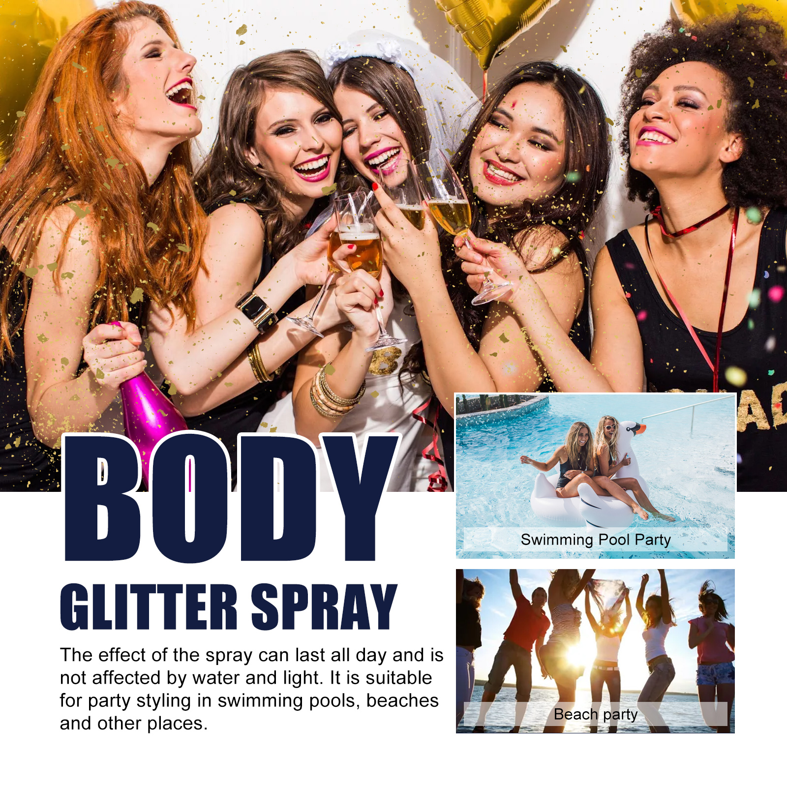 Jaysuing Glitter Spray Party Atmosphere Enhancing Glitter Highlight SprayHighlight SprayNet content: 60ml  
 Product Name: Glitter Spray  
 Keywords: Body Highlight  
 Gross weight: 82.5g  
 Ingredients: Polyethylene Terephthalate, Acrylate Copolymer, Glycerin  
 Packaging size: 3.7*3.7*12.2cm  
 Product size: 3.5*12cm  
 Box size: 56*36*21.5cm  
 Packing quantity: 202 pieces  
 Weight of one box: 16.5kgHighlight SprayML Clinic  for Wellness