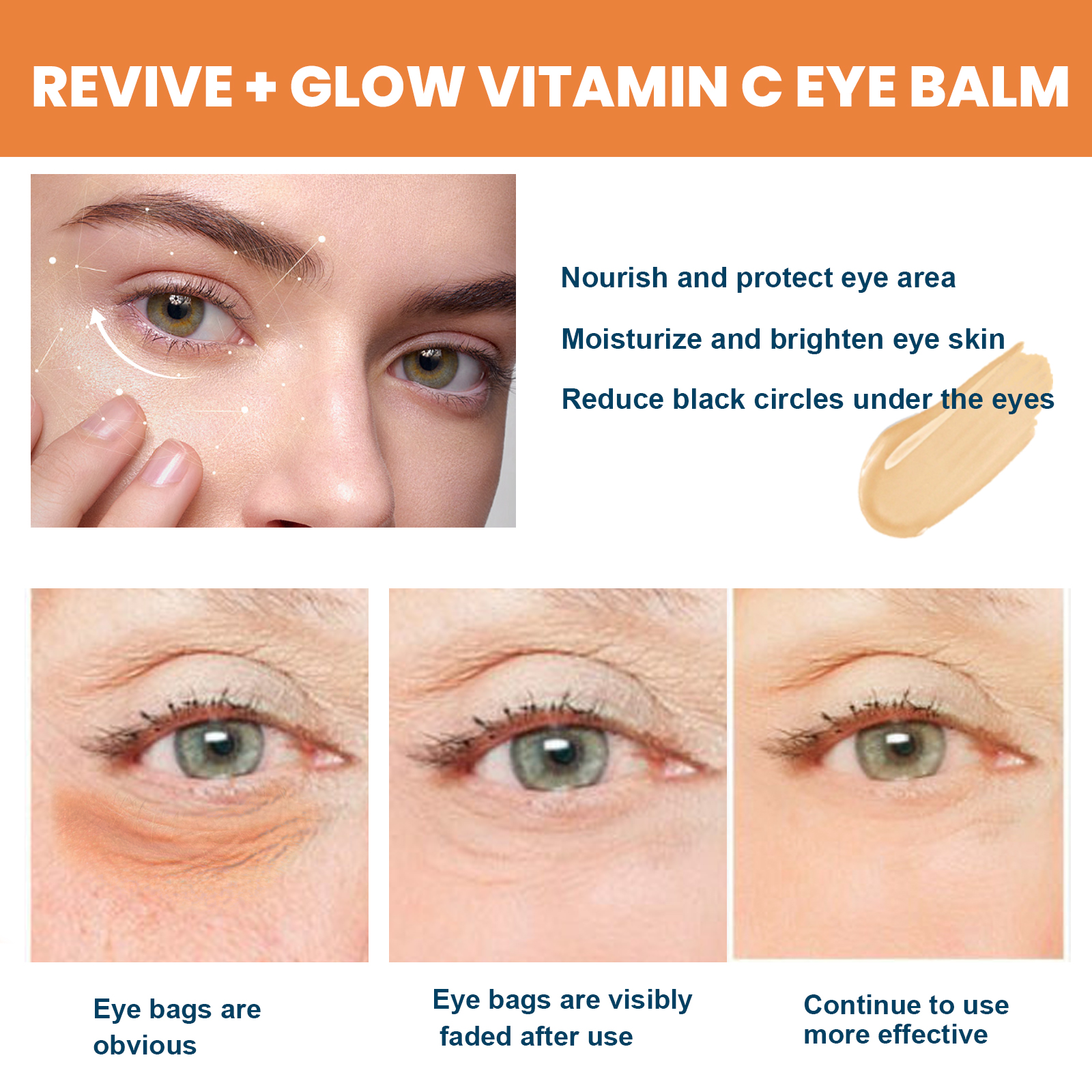 EELHOE Vitamin C Eye Cream Stick Dark Circles Repair Moisturizing Firming Eye Cream StickEye CreamNet content: 4g  
 Product name: Vitamin C eye cream stick  
 Keywords: Reduce Fine Lines, Eye Care  
 Gross weight: 19g  
 Ingredients: Glycerin Stearate, Carbomer, Ascorbic Acid (Vitamin C)  
 Packaging size: 2*2*7.7cm  
 Product size: 1.7*7.4cm  
 Box size: 56*36*21.5cm  
 Packing quantity: 900 pieces  
 Weight of one box: 17.85kg  
 Shelf life: 3 years  
 Storage method: Please store in a cool and shaded placeEye CreamML Clinic  for Wellness