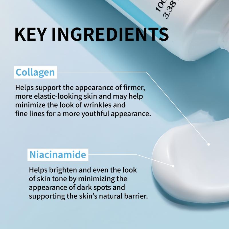 100mL Youthful Formula Ultimate Moisturizing Cream / Collagen, Niacinamide, Centella Asiatica, Hyaluronic Acid / Wrinkles, Dark Spots, Skincare Hydrating Daily Moisturizer Moisture HydrateMoisturizing CreamRegion of Origin: Korea  
 Age Group: Adults  
 Shelf Life: 36 Months  
 Feature: Fragrance Free, Sustainable  
 Benefits: Soothing, Revitalizing, Anti-Aging, Pore Control, Moisturizing, Even Out Skin Tone & Texture, Rejuvenate, Anti-Wrinkle, Hydration, Brightening  
 SPF: 0  
  Skin Type: Dry, Normal, Oily, Combination, Dull  
 Edition: Regular Edition  
 Product Form: Cream  
 Contains Alcohol Or Aerosol: Contains Neither  
 Contains Batteries Or Cells?: None  
 Net Weight: 3.38fl.oz  
 Dangerous Goods or Hazardous Materials: No  
 Aerosols: No  
 Flammable Liquid: No  
 Ingredients: 1-2-Hexanediol, Niacinamide, Cetearyl Olivate, Acrylates/C10-30 Alkyl Acrylate Crosspolymer, Ammonium Acryloyldimethyltaurate/VP Copolymer, Tromethamine, Xanthan Gum, Sorbitan Olivate, Disodium EDTA, Butylene Glycol, Squalane, Propanediol, Ethylhexylglycerin, Adenosine, Caprylic/Capric Triglyceride, Sea Buckthorn Rhamnoides fruit Extract, Centella Asiatica Extract, Sodium  Hyaluronate, Hydroxypropyltrimonium  Hyaluronic Acid, Hydrolyzed Collagen, Rice Ferment Filtered (Sake), Saccharomyces Ferment Filtered, Lactobacillus Ferment Filtered, Bifida Ferment Lysate, Lactobacillus/Rice Fermented, Hydrolyzed Hyaluronic Acid, Sodium Acetylated Hyaluronate, Hyaluronic Acid, Hydrolyzed Sodium Hyaluronate, Sodium Hyaluronate Crosspolymer, Potassium  Hyaluronic Acid, Water, Glycerin, Hydrogenated Polydecene  
 Manufacturer: Proso IncMoisturizing CreamML Clinic  for Wellness