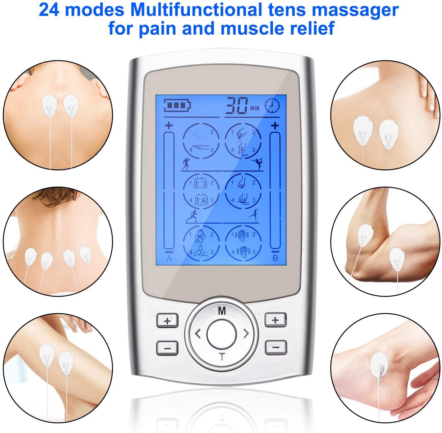 TENS Meridian Therapy Device 24-Mode EMS Massager Portable Multi-Functional Muscle StimulatorTENS Meridian TherapyMaterial: Aluminum Alloy  
 Whether to import: No  
 Massage area: Arm  
 Massage principle: vibration  
 Applicable occasions: Other  
 Specifications: 14.5*7.7*7CM  
 Weight: 317g  
 Item number: MH-1024  
 Place of Origin: Shenzhen  
 Box quantity: 36 sets/box  
 Logo printing: Yes  
 Custom Processing: Yes  
 Is it a patented source: No  
 Color: Blue  
 Size: USB  
 Main downstream platforms:  
 Main sales region: Middle East  
 Is there a licensable private label: Yes  
 Whether it is exclusively for cross-border export: Yes  
 Style: Modern Chinese  
 Gift Purpose: Personal Gift  
 Is it a gift: Yes, business gift  
 Power supply method: USB charging  
 Charging/Endurance Time: Can be used continuously for 12 hours, standby for 60 days  
 Massage contacts: 4-8  
 Whether with USB: Yes  
 Product Category: Massager/MassagerTENS Meridian TherapyML Clinic  for Wellness