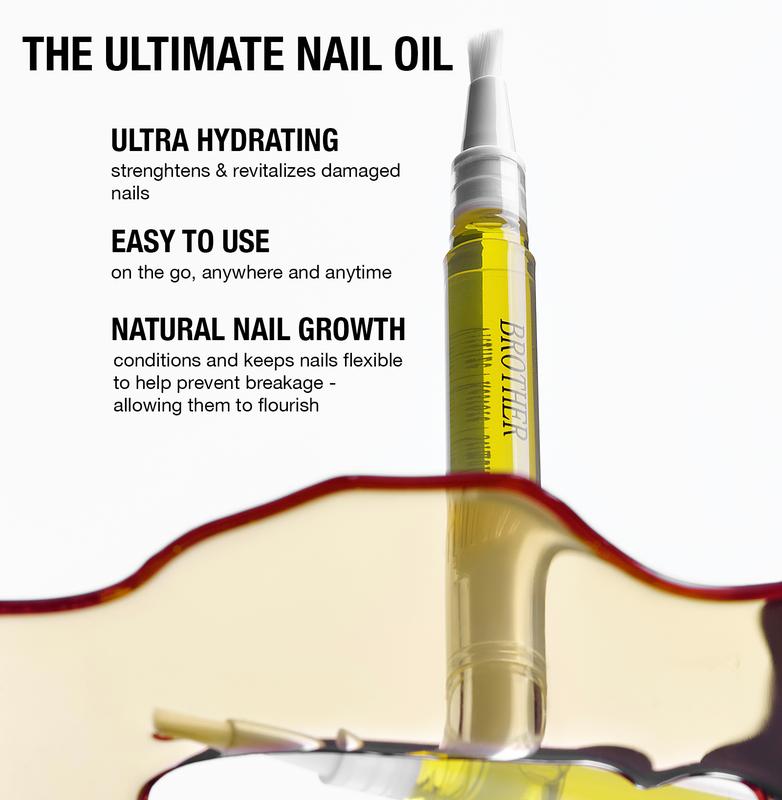 Brother Cosmetics Nail Growth Oil For Strength and MoistureNail Growth OilBrand: BROTHER  
 Contains Batteries Or Cells?: None  
 Dangerous Goods or Hazardous Materials: No  
 Flammable Liquid: No  
 Aerosols: No  
 Manufacturer: Brother Cosmetics  
 Ingredients: Lavender Angustifolia (lavender) Extract, Avocado oil (persea) great), Grape seed oil (Vitis) vinifera), Rose hip oil (pink Canina), Sweet almond oil (Prunus amygdalus dulcis), Argan oil (Argania) spinosaurus Kernel), Jojoba oil (Simmondisia chinensis seed oil), Castor oil (Ricinus Communis seed oil), Vitamin E (tocopherol), Fragrance oil Blend  
 Region of Origin: USANail Growth OilML Clinic  for Wellness