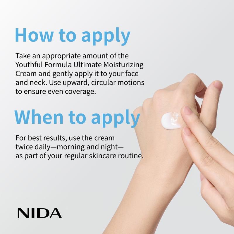 100mL Youthful Formula Ultimate Moisturizing Cream / Collagen, Niacinamide, Centella Asiatica, Hyaluronic Acid / Wrinkles, Dark Spots, Skincare Hydrating Daily Moisturizer Moisture HydrateMoisturizing CreamRegion of Origin: Korea  
 Age Group: Adults  
 Shelf Life: 36 Months  
 Feature: Fragrance Free, Sustainable  
 Benefits: Soothing, Revitalizing, Anti-Aging, Pore Control, Moisturizing, Even Out Skin Tone & Texture, Rejuvenate, Anti-Wrinkle, Hydration, Brightening  
 SPF: 0  
  Skin Type: Dry, Normal, Oily, Combination, Dull  
 Edition: Regular Edition  
 Product Form: Cream  
 Contains Alcohol Or Aerosol: Contains Neither  
 Contains Batteries Or Cells?: None  
 Net Weight: 3.38fl.oz  
 Dangerous Goods or Hazardous Materials: No  
 Aerosols: No  
 Flammable Liquid: No  
 Ingredients: 1-2-Hexanediol, Niacinamide, Cetearyl Olivate, Acrylates/C10-30 Alkyl Acrylate Crosspolymer, Ammonium Acryloyldimethyltaurate/VP Copolymer, Tromethamine, Xanthan Gum, Sorbitan Olivate, Disodium EDTA, Butylene Glycol, Squalane, Propanediol, Ethylhexylglycerin, Adenosine, Caprylic/Capric Triglyceride, Sea Buckthorn Rhamnoides fruit Extract, Centella Asiatica Extract, Sodium  Hyaluronate, Hydroxypropyltrimonium  Hyaluronic Acid, Hydrolyzed Collagen, Rice Ferment Filtered (Sake), Saccharomyces Ferment Filtered, Lactobacillus Ferment Filtered, Bifida Ferment Lysate, Lactobacillus/Rice Fermented, Hydrolyzed Hyaluronic Acid, Sodium Acetylated Hyaluronate, Hyaluronic Acid, Hydrolyzed Sodium Hyaluronate, Sodium Hyaluronate Crosspolymer, Potassium  Hyaluronic Acid, Water, Glycerin, Hydrogenated Polydecene  
 Manufacturer: Proso IncMoisturizing CreamML Clinic  for Wellness