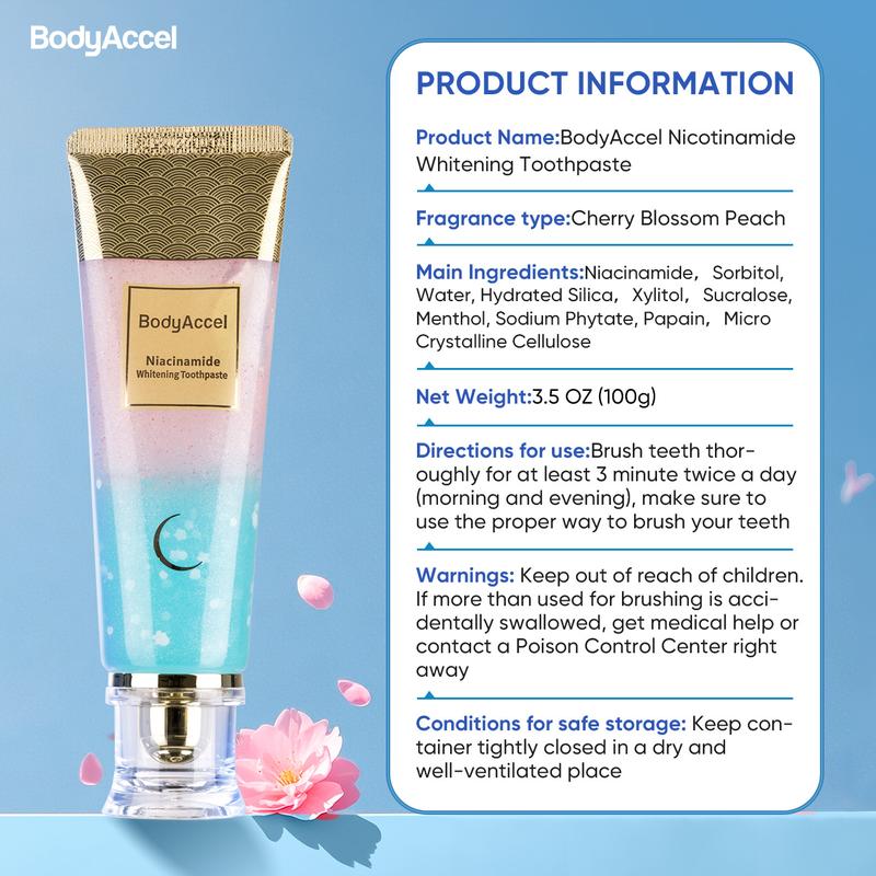 BodyAccel 【Triple Whitening】Niacinamide Whitening Toothpaste (Z)ToothpasteBrand: BodyAccel
Contains Batteries Or Cells?: None
Aerosols: No
Flammable Liquid: No
Dangerous Goods or Hazardous Materials: NoToothpasteML Clinic  for Wellness