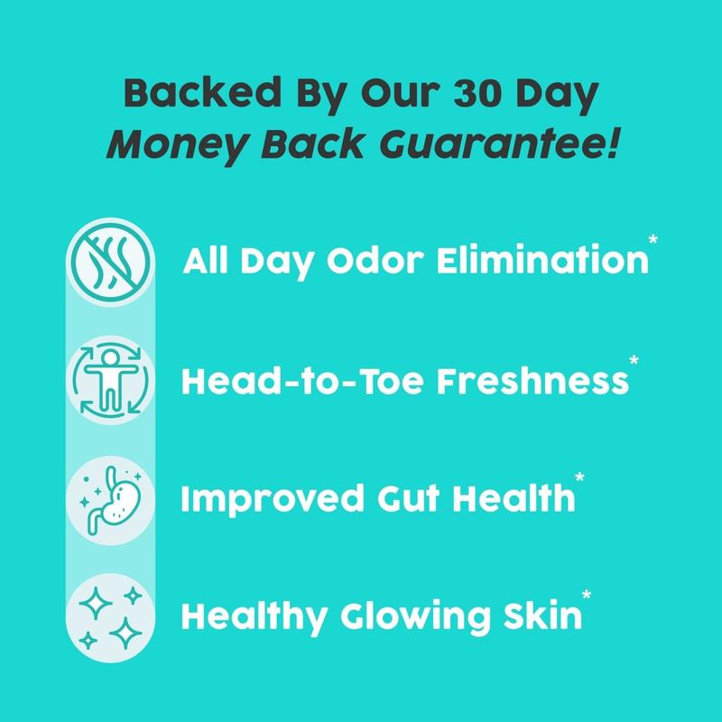 Deos™ Body DeodorizerBody DeodorizerDangerous Goods or Hazardous Materials: No  
 Aerosols: No  
 Flammable Liquid: No  
 Contains Batteries Or Cells?: None  
 Benefit: Full Body Freshness  
 Feature: Natural, Cruelty-Free, Vegan  
 Pack Type: Single Item  
 Shelf Life: 24 Months  
 Product Form: Capsule  
 Manufacturer: Invosia LLC  
 Quantity Per Pack: 30  
 Ingredients: Cellulose (vegan capsule), Organic Peppermint Leaf, Organic Parsley Leaf, Sodium Copper Chlorophyllin  
 Volume: 50Ml  
 Net Weight: 1.85oz  
 Region of Origin: ChinaBody DeodorizerML Clinic  for Wellness