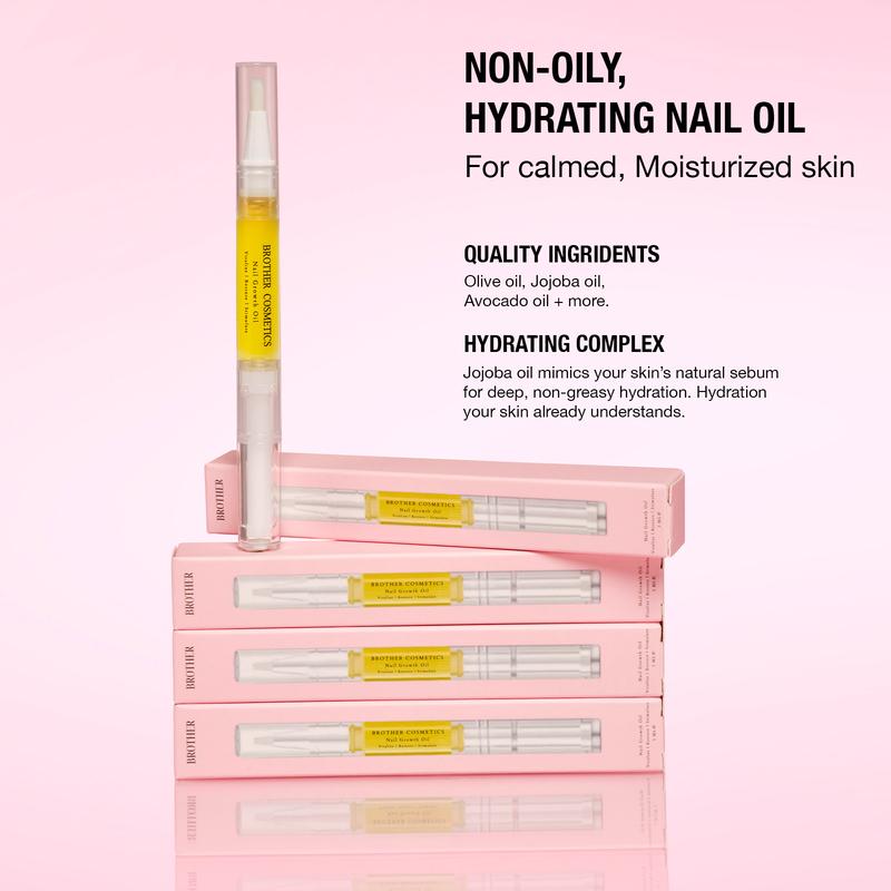 Brother Cosmetics Nail Growth Oil For Strength and MoistureNail Growth OilBrand: BROTHER  
 Contains Batteries Or Cells?: None  
 Dangerous Goods or Hazardous Materials: No  
 Flammable Liquid: No  
 Aerosols: No  
 Manufacturer: Brother Cosmetics  
 Ingredients: Lavender Angustifolia (lavender) Extract, Avocado oil (persea) great), Grape seed oil (Vitis) vinifera), Rose hip oil (pink Canina), Sweet almond oil (Prunus amygdalus dulcis), Argan oil (Argania) spinosaurus Kernel), Jojoba oil (Simmondisia chinensis seed oil), Castor oil (Ricinus Communis seed oil), Vitamin E (tocopherol), Fragrance oil Blend  
 Region of Origin: USANail Growth OilML Clinic  for Wellness