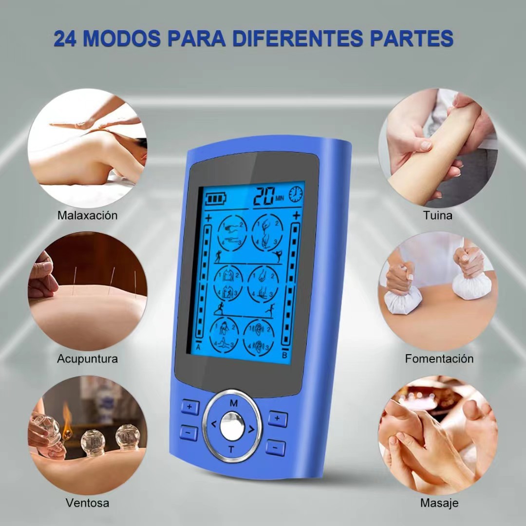 TENS Meridian Therapy Device 24-Mode EMS Massager Portable Multi-Functional Muscle StimulatorTENS Meridian TherapyMaterial: Aluminum Alloy  
 Whether to import: No  
 Massage area: Arm  
 Massage principle: vibration  
 Applicable occasions: Other  
 Specifications: 14.5*7.7*7CM  
 Weight: 317g  
 Item number: MH-1024  
 Place of Origin: Shenzhen  
 Box quantity: 36 sets/box  
 Logo printing: Yes  
 Custom Processing: Yes  
 Is it a patented source: No  
 Color: Blue  
 Size: USB  
 Main downstream platforms:  
 Main sales region: Middle East  
 Is there a licensable private label: Yes  
 Whether it is exclusively for cross-border export: Yes  
 Style: Modern Chinese  
 Gift Purpose: Personal Gift  
 Is it a gift: Yes, business gift  
 Power supply method: USB charging  
 Charging/Endurance Time: Can be used continuously for 12 hours, standby for 60 days  
 Massage contacts: 4-8  
 Whether with USB: Yes  
 Product Category: Massager/MassagerTENS Meridian TherapyML Clinic  for Wellness