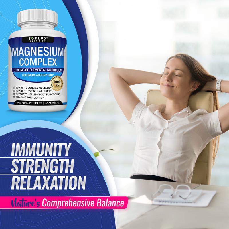 Toplux Magnesium Complex 8 Essential Magnesium Supplement 1000mg Fitness EdibleEssential MagnesiumBrand: TOPLUX  
 Ingredient Feature: Vegan, GMO Free  
 Dangerous Goods or Hazardous Materials: No  
 Dietary Supplement Disclaimer: Yes  
 Health Benefits: Sleep, Bone Health  
 Product Form: Capsules  
 Manufacturer: Toplux  
 Age Warning: Yes  
 Ingredients: Magnesium  
 Region Of Origin: United StatesEssential MagnesiumML Clinic  for Wellness