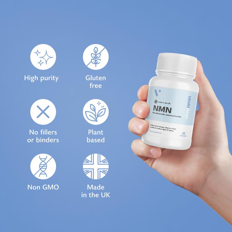 Pure NMN| 500mg CapsulesCapsulesBrand: Vivanmn  
 Ingredients: 99% Nicotinamide Mononucleotide  
 Region of Origin: UK  
 Ingredient Feature: GMO Free, Vegan  
  Health Benefits: Metabolism, Brain Health, Heart Health, Energy, Immune  
 Age Range: Adult  
 Product Form: Capsules  
 Pack Type: Single Item  
 Quantity Per Pack: 30  
 Shelf Life: 12 Months  
 Volume: 500mg  
 Product Ingredients: NMN (Nicotinamide Mononucleotide)CapsulesML Clinic  for Wellness