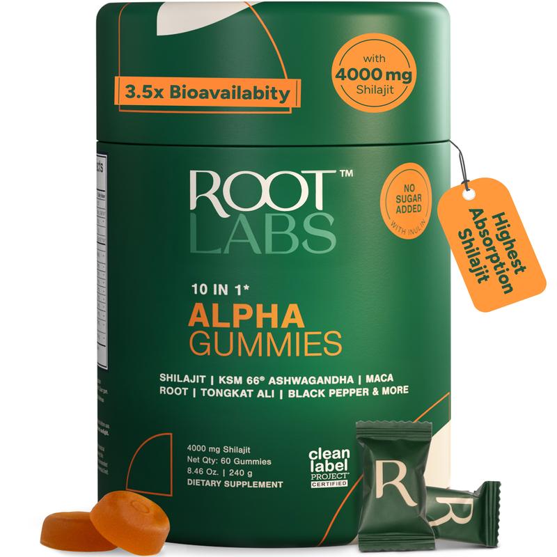 Root Labs 10-1 Alpha Gummies| 4000 mg Pure Himalayan Shilajit| No Added Sugar| KSM-66 Ashwagandha, Tongkat Ali, Gokshura & Black Musli| Vegan, Non-GMO, Individually Wrapped| 60 Gummies| Lab Tested, Pure & 3.5X Absorption| Support Blood CirculationAlpha GummiesAlpha GummiesML Clinic  for Wellness