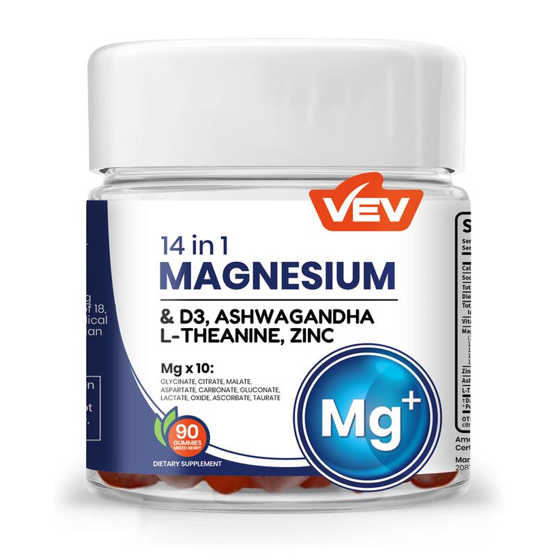 14-in-1 Magnesium Gummies with Ashwagandha, L-Theanine, Vitamin D3 & Zinc, Edible Healthcare Dietary14-in-1 Magnesium GummiesBrand: VEV
Dietary Supplement Disclaimer: Yes
Ingredient Feature: Vegan, Sugar Free
Dietary Needs: Vegan, Vegetarian
Age Group: Adults
Quantity Per Pack: 90
Pack Type: Single Item
Shelf Life: 24 Months
Product Form: Gummy
Region of Origin: USA
Age Warning: Yes
Ingredients: Zinc, Vitamin D3, Ashwagandha, L-Theanine, Magnesium Glycinate14-in-1 Magnesium GummiesML Clinic  for Wellness