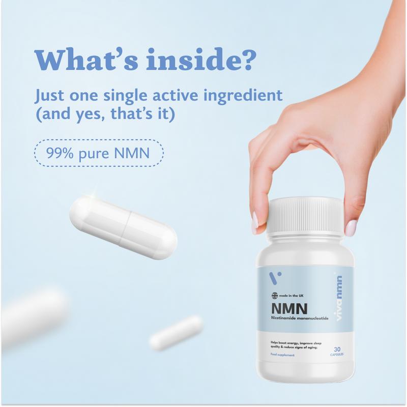 Pure NMN| 500mg CapsulesCapsulesBrand: Vivanmn  
 Ingredients: 99% Nicotinamide Mononucleotide  
 Region of Origin: UK  
 Ingredient Feature: GMO Free, Vegan  
  Health Benefits: Metabolism, Brain Health, Heart Health, Energy, Immune  
 Age Range: Adult  
 Product Form: Capsules  
 Pack Type: Single Item  
 Quantity Per Pack: 30  
 Shelf Life: 12 Months  
 Volume: 500mg  
 Product Ingredients: NMN (Nicotinamide Mononucleotide)CapsulesML Clinic  for Wellness