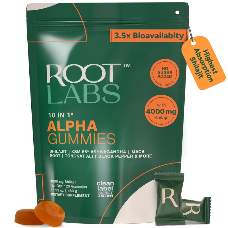 Root Labs 10-1 Alpha Gummies| 4000 mg Pure Himalayan Shilajit| No Added Sugar| KSM-66 Ashwagandha, Tongkat Ali, Gokshura & Black Musli| Vegan, Non-GMO, Individually Wrapped| 60 Gummies| Lab Tested, Pure & 3.5X Absorption| Support Blood CirculationAlpha GummiesIngredient Feature: Artificial Flavor Free, Soy Free, Lactose Free, Dairy Free, Gluten Free, GMO Free, Vegan, Sugar Free, Organic, Natural, Alcohol Free
Dietary Supplement Disclaimer: Yes
Allergen Information: No common allergens
Age Group: Adults
Health Benefits: Immunity, Detoxing, Energy, Metabolism, Immune
Recommended Age: 18+
Net Weight: 240g
Pack Type: Single Item
Shelf Life: 18 Months
Product Form: Chewable
Manufacturer: Spectrum Lifesciences
Age Warning: Yes
Ingredients: Karakara Root, Black Pepper, Kaunch, Ginger, Gokshura, Black Musli, Maca Root, Tongkat Ali, Shilajit (4000 mg), KSM 66 Ashwagandha
Region of Origin: IndiaAlpha GummiesML Clinic  for Wellness