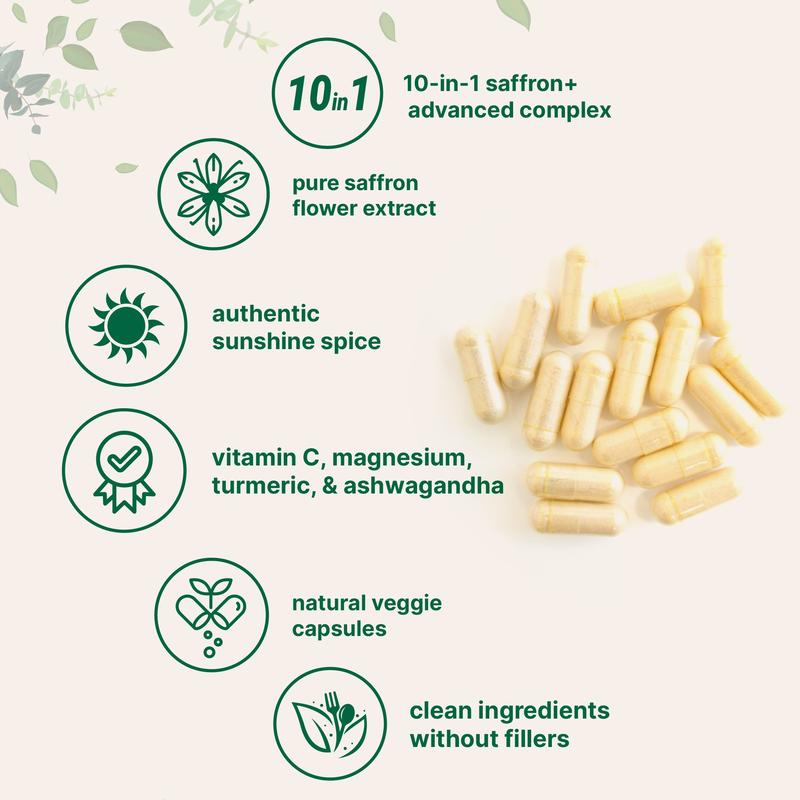 icro Ingredients Saffron+ Advanced Supplements, 60 Veggie Capsulescro Ingredients SaffronBrand: Micro Ingredients  
 Dangerous Goods or Hazardous Materials: No  
 Package Weight: 1 Ounce  
 Health Benefit: Heart Health Support, Vision & Eye Health  
 Storage Restrictions: Keep in a cool dry place  
 Active Ingredient: Vitamin C, Magnesium  
 Active Ingredient Strength: 45mg, 200mg  
 Primary Dietary Ingredient Amount Per Serving: 88.5mg  
 Primary Dietary Ingredient: Saffron Extract  
 Temperature Sensitive: No  
 Dietary Needs: Gluten-Free  
 Contains Liquid Contents: None  
 Unit Count: 60  
 Age Range Description: Adults  
 Contains Allergen: Not Applicable  
 UPC: 850074438571  
 Dangerous Goods Regulations: No  
 Product Ingredients: Saffron Extract, Proprietary Blend, Turmeric Extract, KSM-66 Ashwagandha Extract, Rhodiola Rosea Extract, Black Pepper Extract  
 Product Type: Capsules  
 Flavor: Unflavored  
 Product Dimensions: 5*3*2 Inches  
 Manufacturer: Micro Ingredients  
 Ingredient Feature: Non-GMO  
 Quantity Per Pack: 1  
 Country of Origin: USAcro Ingredients SaffronML Clinic  for Wellness