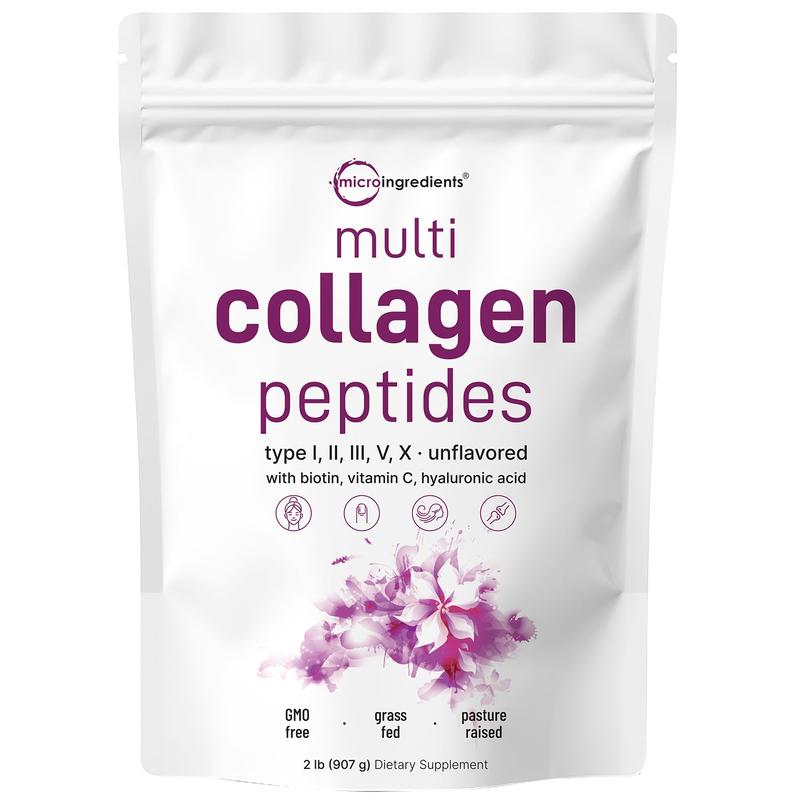 icro Ingredients Multi Collagen Peptides Powder - Hydrolyzed Protein Peptides (Tipe I, II, III, V, X) with Hyaluronic Acid, Biotin & Vitamin C UnflavoredMulti Collagen Peptides PowderBrand: Micro Ingredients
Ingredient Feature: Gluten Free, GMO Free, Sugar Free, Lactose Free, Soy Free, Dairy Free
Dietary Supplement Disclaimer: Yes
Flavor: Unflavored
Health Benefits: Hair & Nail Care, Skin Care
Quantity Per Pack: 1
Shelf Life: 720 days
Product Form: Powder
Manufacturer: Mico Ingredients
Age Warning: No
Ingredients: Multi Collagen Peptides Powder
Region of Origin: USAMulti Collagen Peptides PowderML Clinic  for Wellness