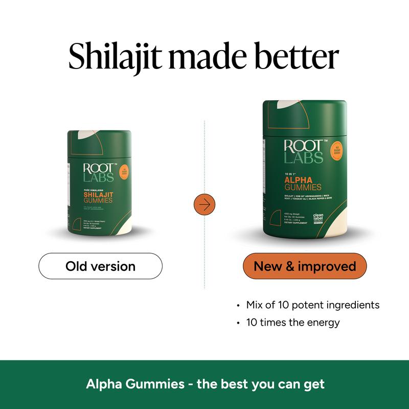 Root Labs 10-1 Alpha Gummies| 4000 mg Pure Himalayan Shilajit| No Added Sugar| KSM-66 Ashwagandha, Tongkat Ali, Gokshura & Black Musli| Vegan, Non-GMO, Individually Wrapped| 60 Gummies| Lab Tested, Pure & 3.5X Absorption| Support Blood CirculationAlpha GummiesAlpha GummiesML Clinic  for Wellness