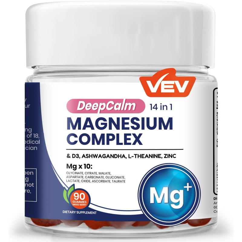 14-in-1 Magnesium Gummies with Ashwagandha, L-Theanine, Vitamin D3 & Zinc, Edible Healthcare Dietary14-in-1 Magnesium GummiesBrand: VEV
Dietary Supplement Disclaimer: Yes
Ingredient Feature: Vegan, Sugar Free
Dietary Needs: Vegan, Vegetarian
Age Group: Adults
Quantity Per Pack: 90
Pack Type: Single Item
Shelf Life: 24 Months
Product Form: Gummy
Region of Origin: USA
Age Warning: Yes
Ingredients: Zinc, Vitamin D3, Ashwagandha, L-Theanine, Magnesium Glycinate14-in-1 Magnesium GummiesML Clinic  for Wellness