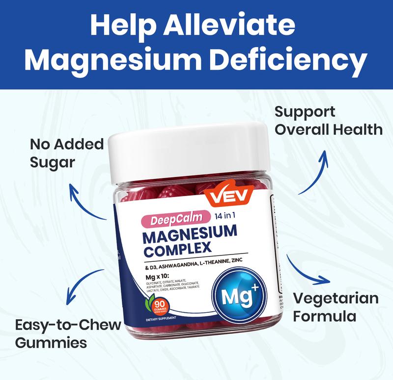 14-in-1 Magnesium Gummies with Ashwagandha, L-Theanine, Vitamin D3 & Zinc, Edible Healthcare Dietary14-in-1 Magnesium GummiesBrand: VEV
Dietary Supplement Disclaimer: Yes
Ingredient Feature: Vegan, Sugar Free
Dietary Needs: Vegan, Vegetarian
Age Group: Adults
Quantity Per Pack: 90
Pack Type: Single Item
Shelf Life: 24 Months
Product Form: Gummy
Region of Origin: USA
Age Warning: Yes
Ingredients: Zinc, Vitamin D3, Ashwagandha, L-Theanine, Magnesium Glycinate14-in-1 Magnesium GummiesML Clinic  for Wellness