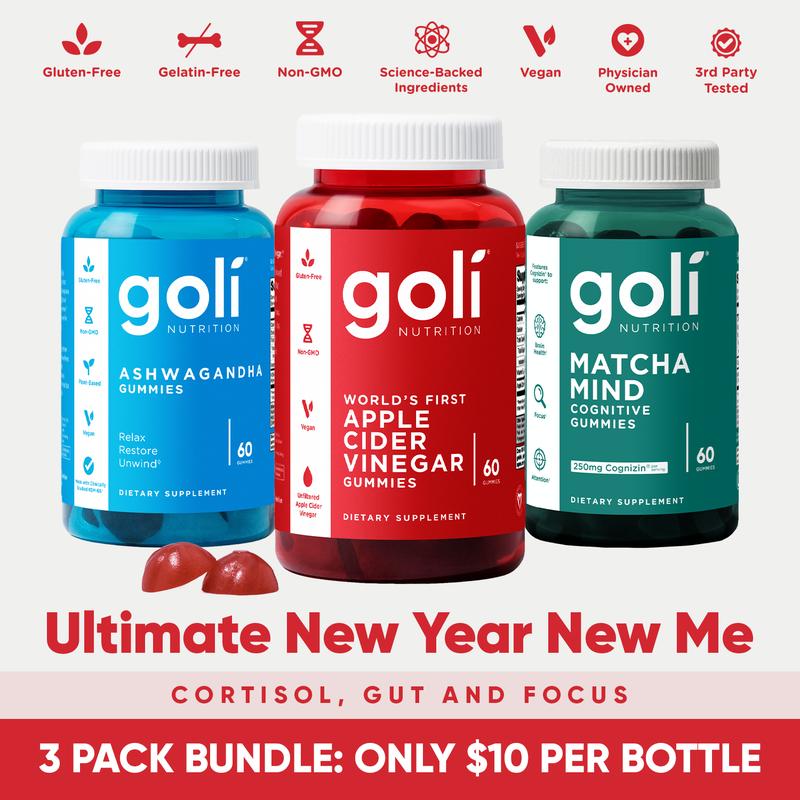 3 Bottles of Goli Best Seller Bundle: Ashwagandha KSM-66, Apple Cider Vinegar, Matcha Mind Supplement with Cognizin, Vitamins D2 and B12ognizin, Vitamins D2 and B12Brand: Goli  
 Ingredient Feature: GMO Free, Gluten Free, Vegan, Lactose Free, Dairy Free  
 Dietary Supplement Disclaimer: Yes  
  Health Benefits: Multivitamin, Brain Health, Heart Health, Energy, Metabolism  
 Pack Type: Multi-Pack  
 Shelf Life: 24 Months  
 Product Form: Chewable  
 Manufacturer: Goli Nutrition Inc  
 Age Warning: No  
 Ingredients: Vitamin D2, Vitamin B12  
 Region Of Origin: United Statesognizin, Vitamins D2 and B12ML Clinic  for Wellness