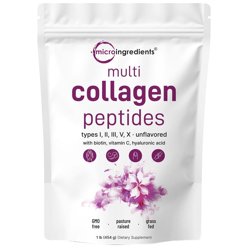icro Ingredients Multi Collagen Peptides Powder - Hydrolyzed Protein Peptides (Tipe I, II, III, V, X) with Hyaluronic Acid, Biotin & Vitamin C UnflavoredMulti Collagen Peptides PowderBrand: Micro Ingredients
Ingredient Feature: Gluten Free, GMO Free, Sugar Free, Lactose Free, Soy Free, Dairy Free
Dietary Supplement Disclaimer: Yes
Flavor: Unflavored
Health Benefits: Hair & Nail Care, Skin Care
Quantity Per Pack: 1
Shelf Life: 720 days
Product Form: Powder
Manufacturer: Mico Ingredients
Age Warning: No
Ingredients: Multi Collagen Peptides Powder
Region of Origin: USAMulti Collagen Peptides PowderML Clinic  for Wellness