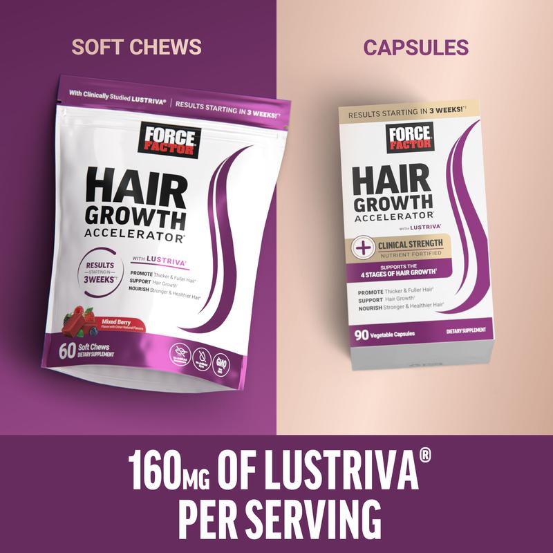 Force Factor Hair Growth Accelerator with Clinically Studied Lustriva to Promote Thicker, Stronger Hair, Biotin, Vitamin E & C, Mixed Berry, 60 Soft ChewsHair Growth AcceleratorHair Growth AcceleratorML Clinic  for Wellness