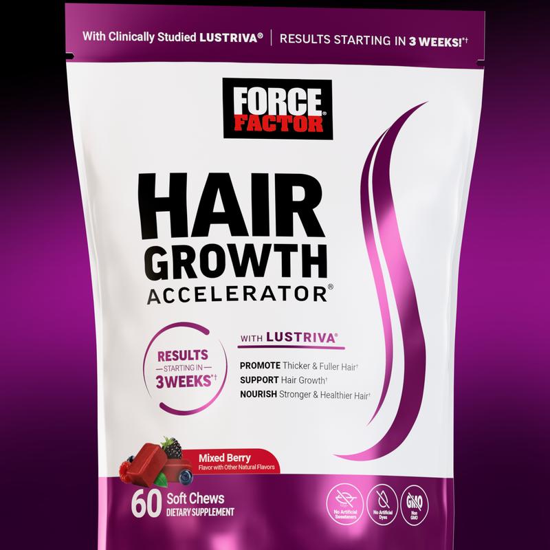 Force Factor Hair Growth Accelerator with Clinically Studied Lustriva to Promote Thicker, Stronger Hair, Biotin, Vitamin E & C, Mixed Berry, 60 Soft ChewsHair Growth AcceleratorBrand: Force Factor
Dangerous Goods or Hazardous Materials: No
Dietary Supplement Disclaimer: Yes
Manufacturer: Force Factor
Age Warning: Yes
Ingredients: Lustriva
Region Of Origin: United StatesHair Growth AcceleratorML Clinic  for Wellness