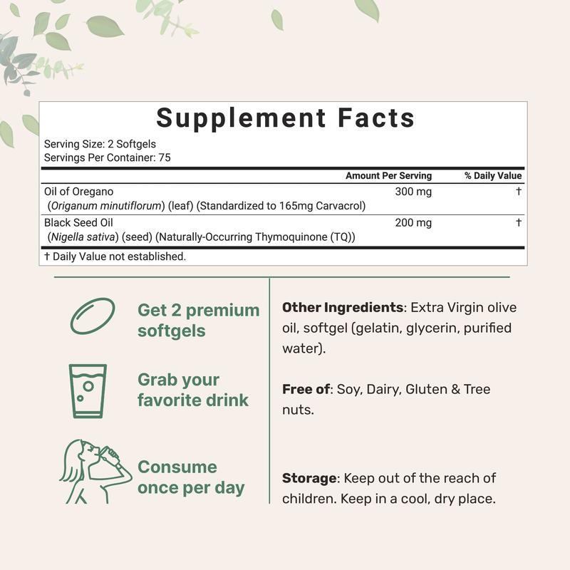 Micro Ingredients Oregano Oil with Black Seed OilOregano Oil with Black Seed OilBrand: Micro Ingredients
Ingredient Feature: Gluten Free, GMO Free
Dangerous Goods or Hazardous Materials: No
Dietary Supplement Disclaimer: Yes
Health Benefits: Immune
Quantity Per Pack: 1
Net Weight: 4.66 Ounces
Pack Type: Single Item
Shelf Life: 720 Days
Product Form: Softgel
Manufacturer: Micro Ingredients
Age Warning: No
Ingredients: Oil of Oregano with Black Seed Oil
Region of Origin: USAOregano Oil with Black Seed OilML Clinic  for Wellness