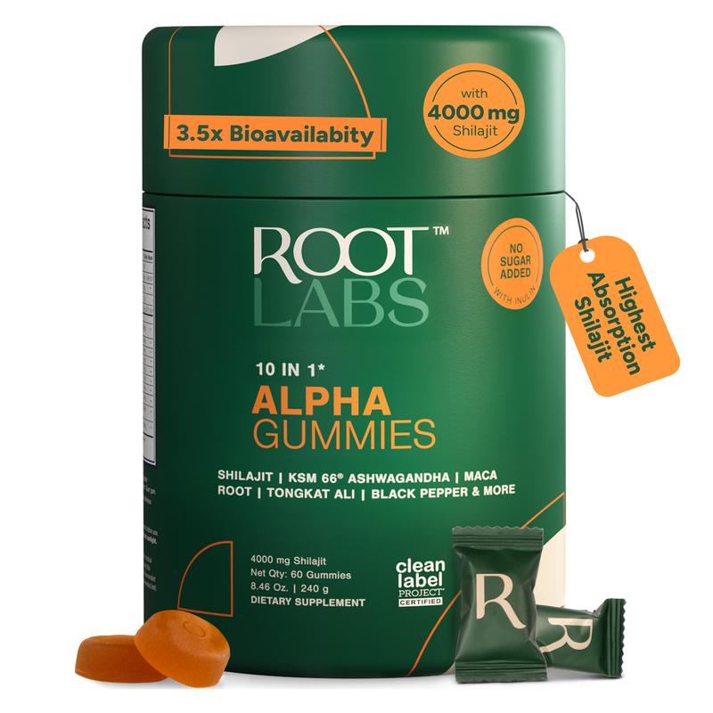 Root Labs 10-1 Alpha Gummies| 4000 mg Pure Himalayan Shilajit| No Added Sugar| KSM-66 Ashwagandha, Tongkat Ali, Gokshura & Black Musli| Vegan, Non-GMO, Individually Wrapped| 60 Gummies| Lab Tested, Pure & 3.5X Absorption| Support Blood CirculationAlpha GummiesIngredient Feature: Artificial Flavor Free, Soy Free, Lactose Free, Dairy Free, Gluten Free, GMO Free, Vegan, Sugar Free, Organic, Natural, Alcohol Free
Dietary Supplement Disclaimer: Yes
Allergen Information: No common allergens
Age Group: Adults
Health Benefits: Immunity, Detoxing, Energy, Metabolism, Immune
Recommended Age: 18+
Net Weight: 240g
Pack Type: Single Item
Shelf Life: 18 Months
Product Form: Chewable
Manufacturer: Spectrum Lifesciences
Age Warning: Yes
Ingredients: Karakara Root, Black Pepper, Kaunch, Ginger, Gokshura, Black Musli, Maca Root, Tongkat Ali, Shilajit (4000 mg), KSM 66 Ashwagandha
Region of Origin: IndiaAlpha GummiesML Clinic  for Wellness